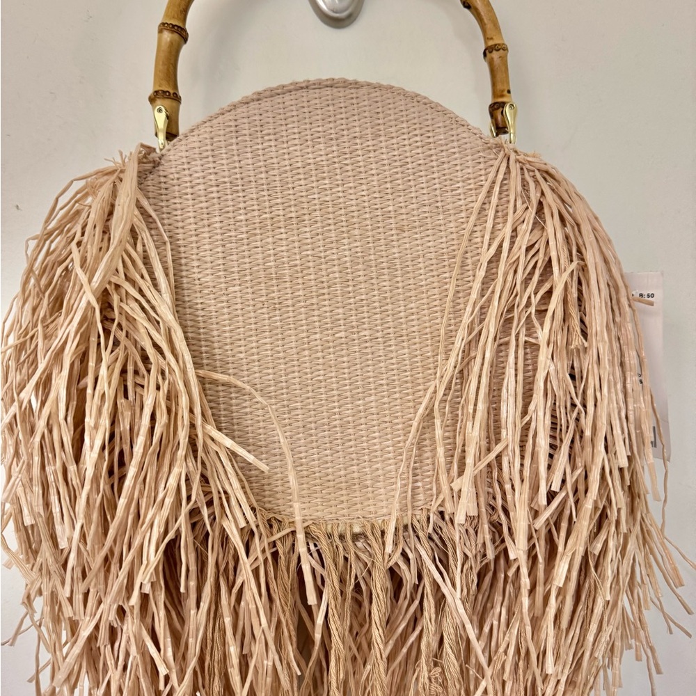 Mango Beige Straw Fringe Round Shoulder Bag with Bamboo Handle - Picture 3 of 4